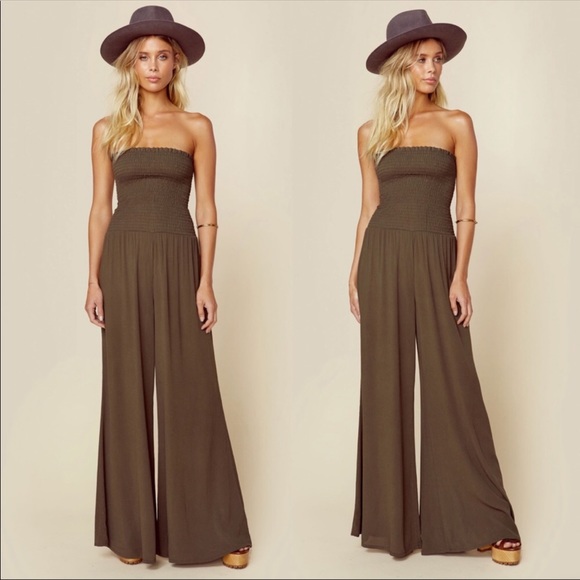 Blue Life Pants - Blue Life Smocking Bell Wide Leg Jumpsuit Green S